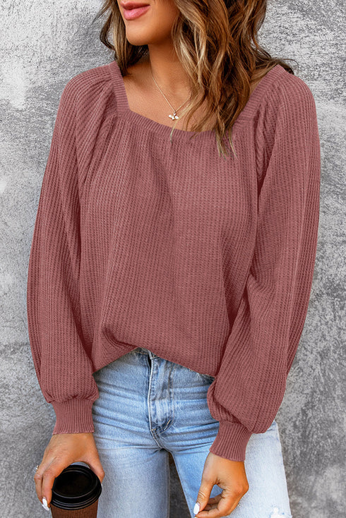 Scoop Neck Puff Sleeve Waffle Knit Top